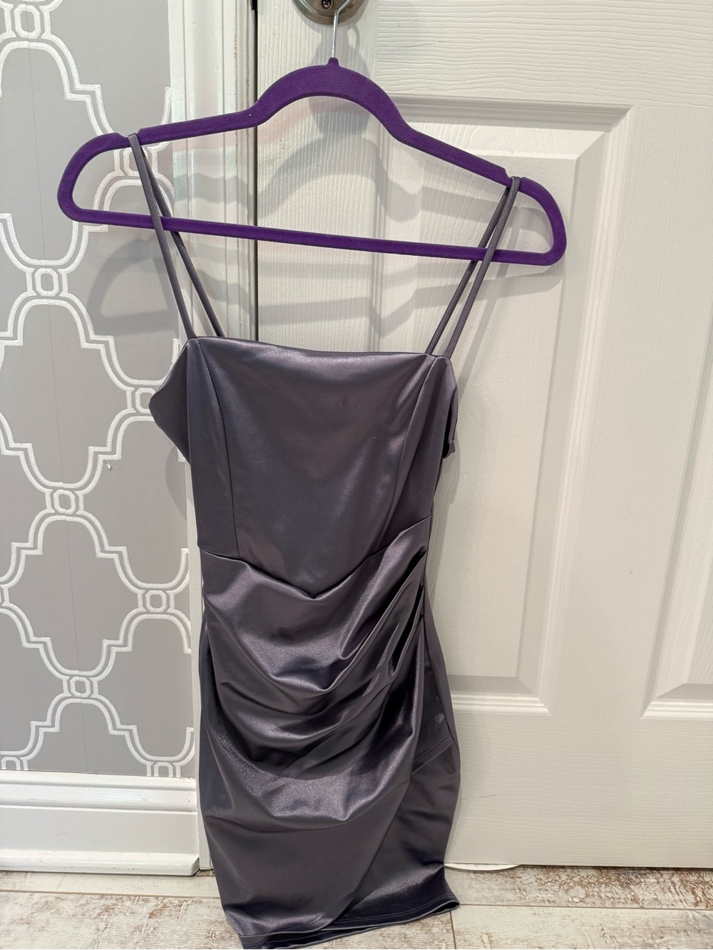 Windsor Charcoal Gray/Purple Satin Ruched Mini Dress